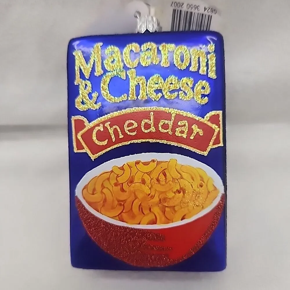 Ornament Macaroni and Cheese Food Box Polish Blown Glass Christmas Glitter NEW